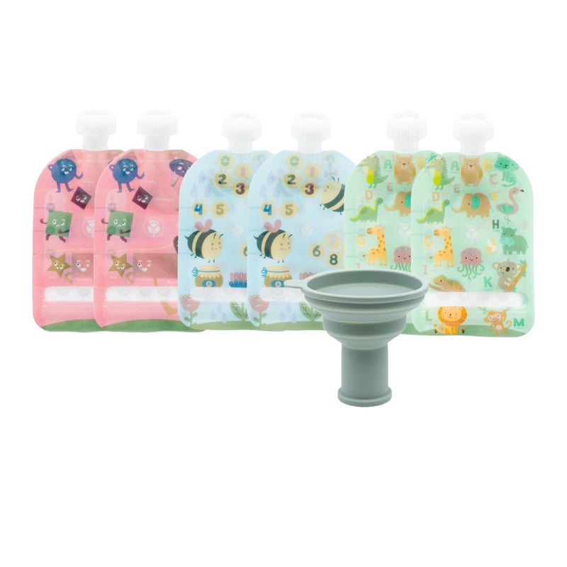 WeeSprout Double Zipper Reusable Food Pouches, Perfect for Babies & Toddlers, Freezer & Dishwasher Safe (Educational, 3.4 Fl Oz (Pack of 6) + Pouch Filler) - Image 1